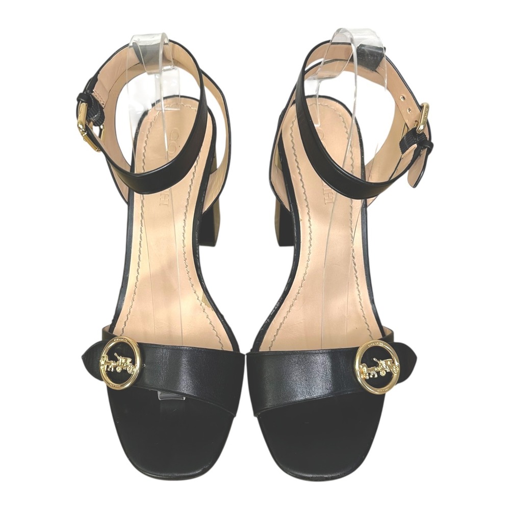 Coach Black Leather Block Heel Sandals Horse & Carriage Gold Hardware Womens 10 - Picture 13 of 16